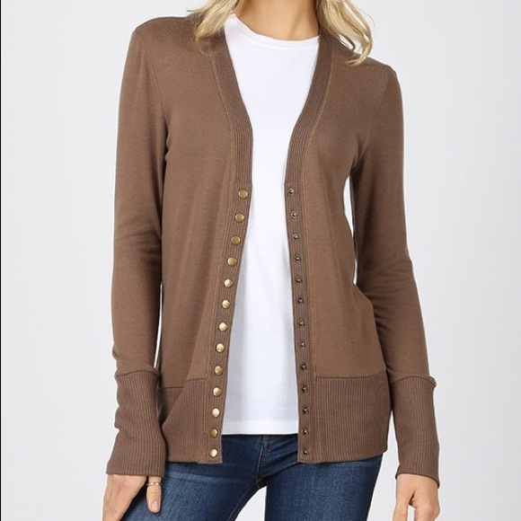 Mocha Brown Snap Button Cardigan Ribbed Sweater - Picture 2 of 2